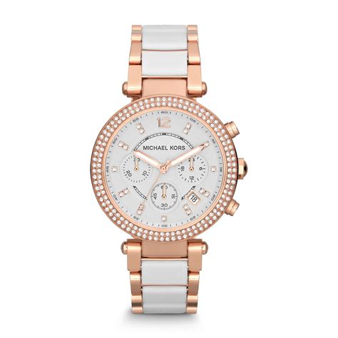 michael kors parker rose gold-tone white acetate watch|parker rose gold tone watch.